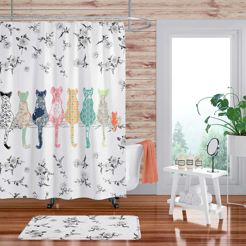 Black and White Bathroom Colorful Floral Cats Shower Curtain – Ozscape ...