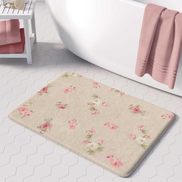 Shabby chic beige and pink bath mat with mold resistant microfiber fabric