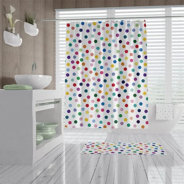 Modern Colorful Fun Kids Shower Curtain Contemporary Childrens Bathroom  Decor Set. Unique Polka Dot Bubble Bath Tub Curtain, Bath Mat, Towel 
