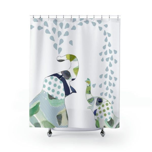 Bright blue elephant print on kids shower curtain by Ozscape Designs.