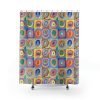 Vibrant and colorful bath curtain with abstract circle pattern.