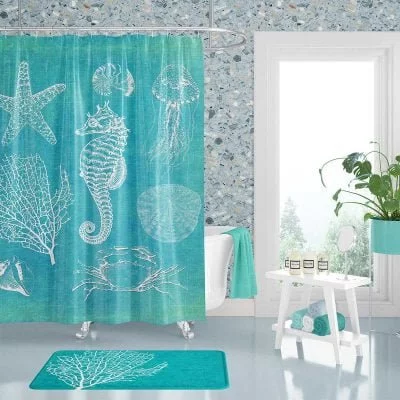 Beachy Sea Shell Blue and White Ocean Shower Curtain, Coastal