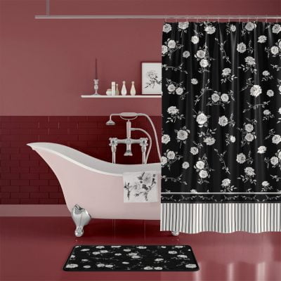 Black and White Rose Floral Shower Curtain by Ozscape Designs
