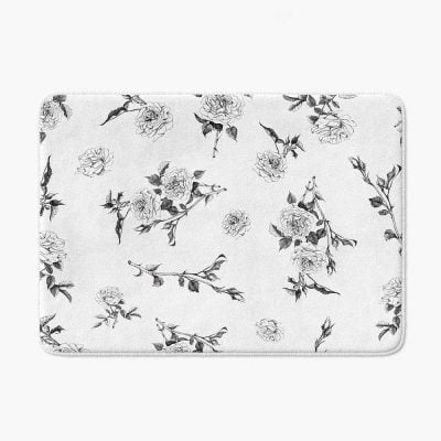 White Non Slip Bath Mat With Black and White Rose Floral print