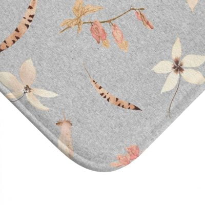 Close-up of plush Gray Floral Boho Bath Mat with memory foam