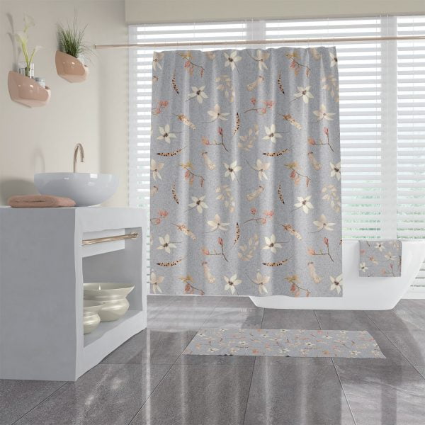 Durable Gray Floral Fabric Shower Curtain