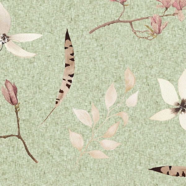 Green Bathroom Curtain print with Beige Flowers and feathers