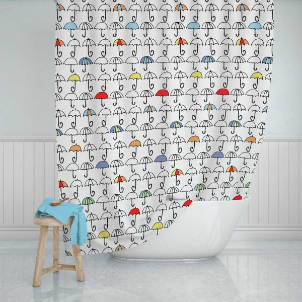Colorful kids shower curtain with fun umbrella printed fabric
