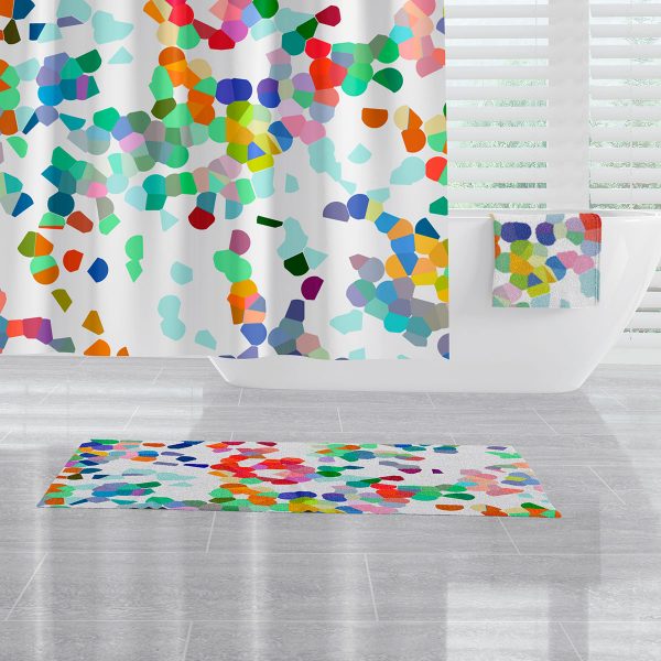 Bright and colorful abstract shower curtain for modern bathroom decor.