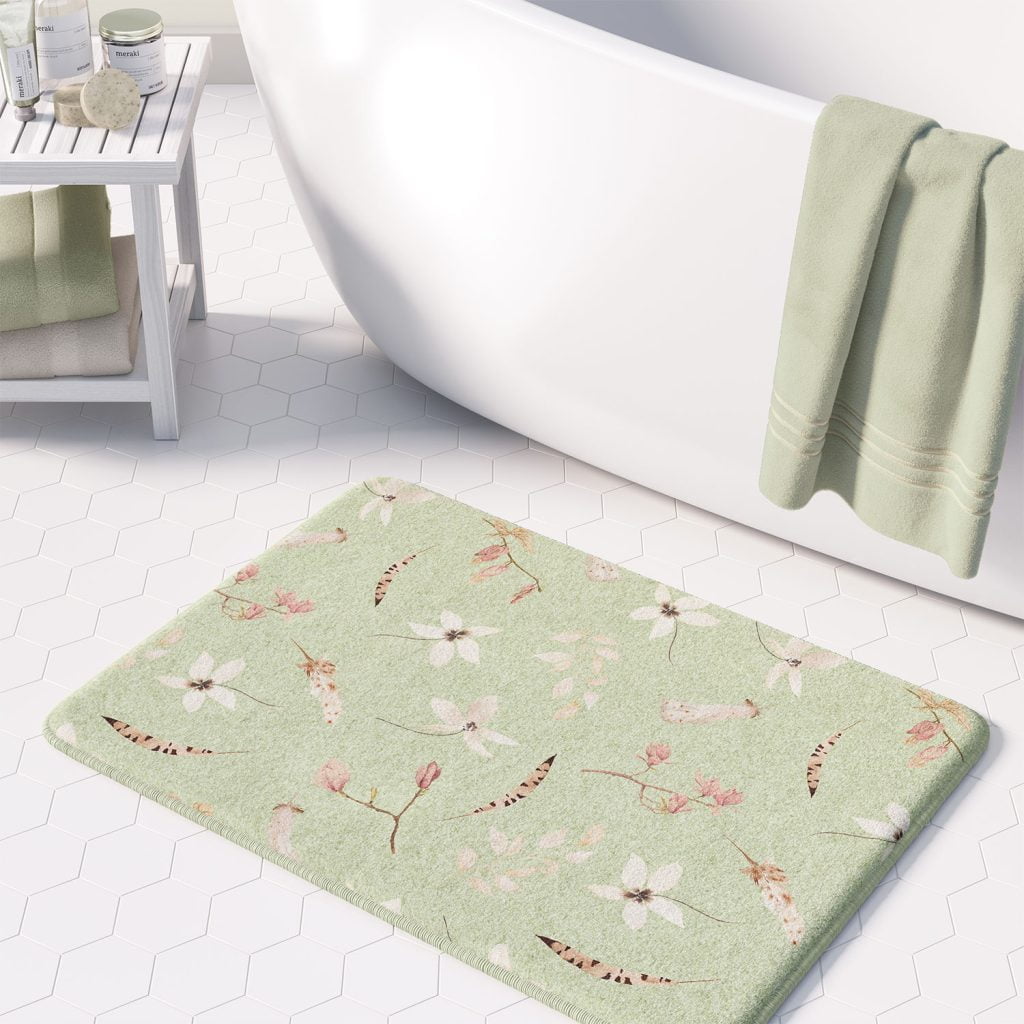 Boho Style Green Floral Microfiber Bath Mat - Comfortable & Non-Slip ...