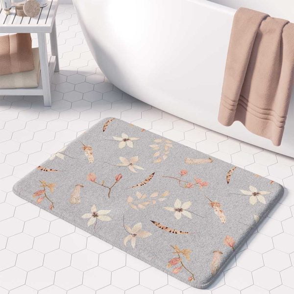 A grey floral boho bathroom mat, perfect for adding a touch of bohemian elegance to any bathroom. Mold and mildew resistant, quick-drying, non-slip plush microfiber, washable.