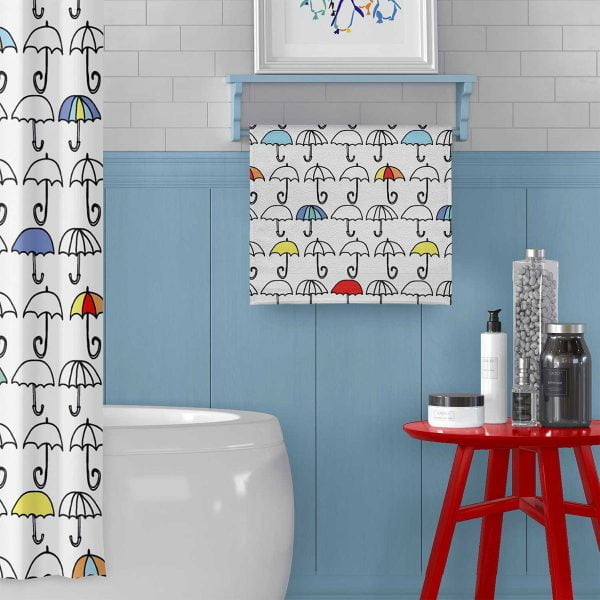 Fun shower curtain with colorful umbrella pattern, water-repellent.