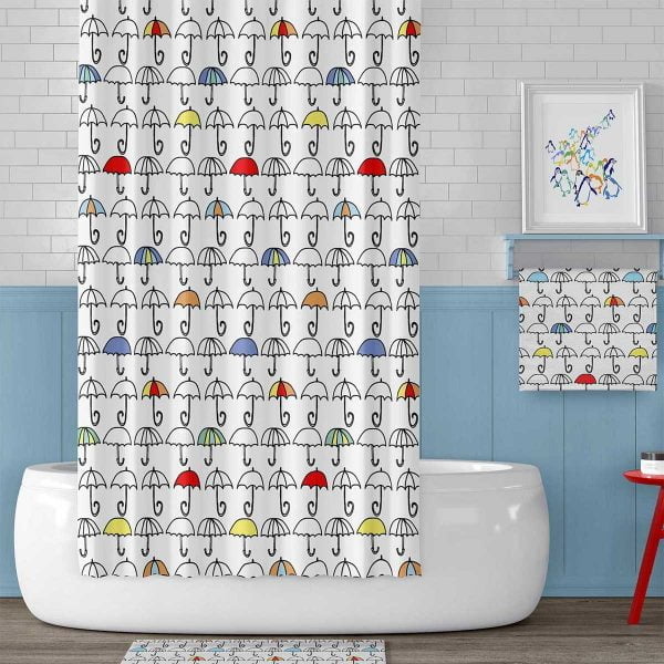 Kids bathroom shower curtain set with fun umbrella print, water-resistant.