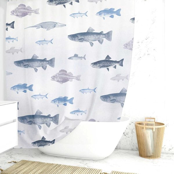 Premium Fabric Shower Curtain With Blue And Gray Fish Print