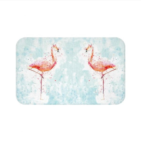 Stay comfortable and dry with this blue and pink flamingo bath rug