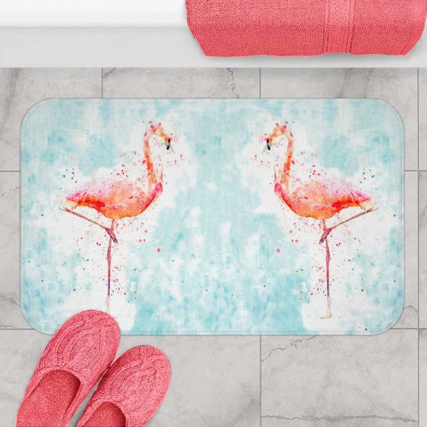 Cute pink flamingo blue bath rug