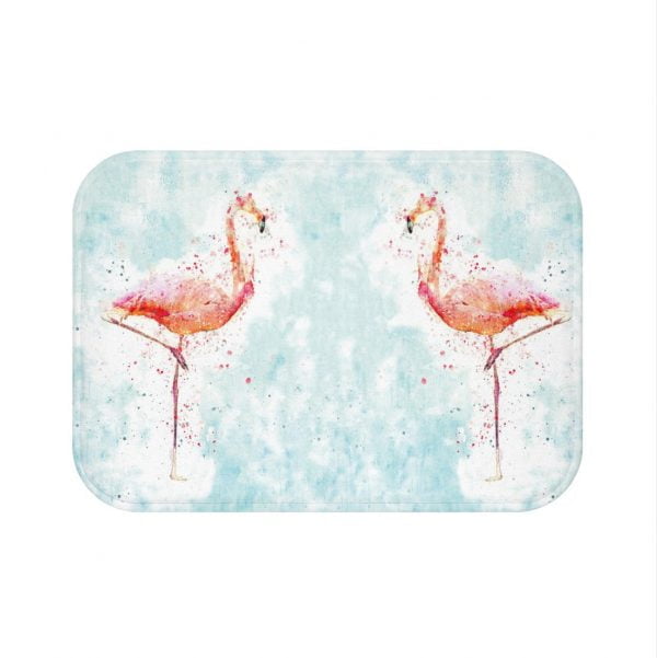 Blue bath rug with soft microfiber pink flamingo design