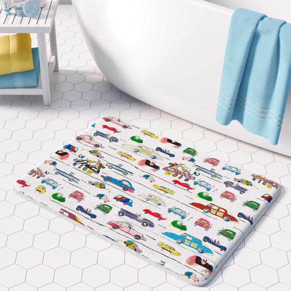Colorful cars patterned microfiber bath mat for little boys' bathroom.