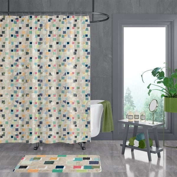 Standard size shower curtain with a water-resistant finish.