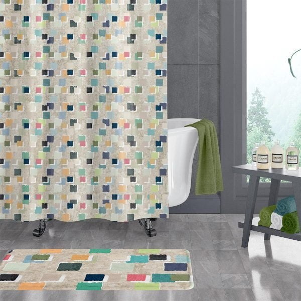 Modern shower curtain with a unique abstract pattern.