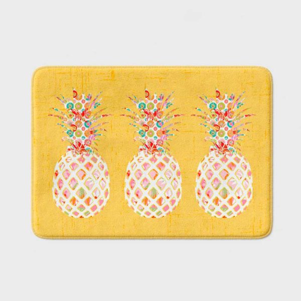non slip quick dry, yellow bathroom rug with tropical pineapple print