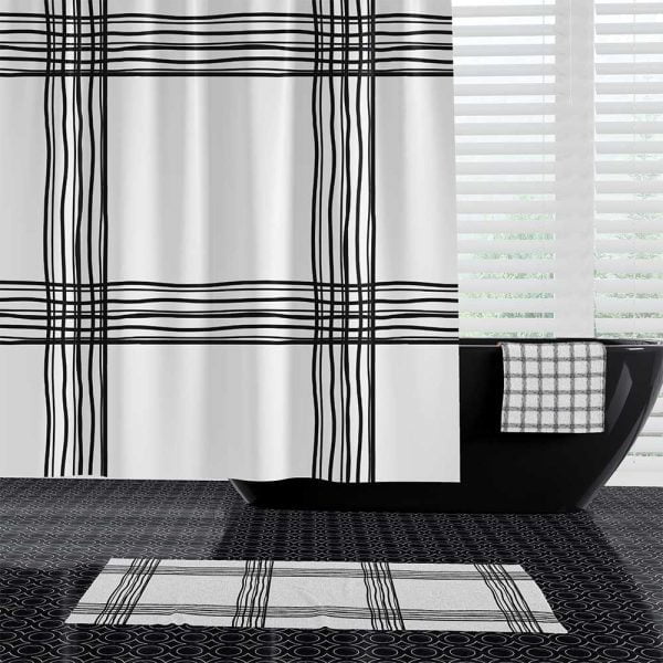 Black and white checquered geometric shower curtain