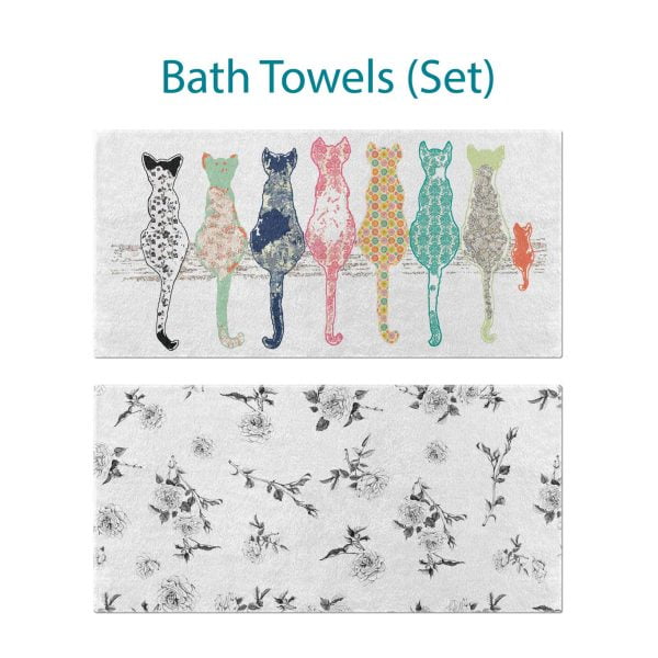 Complete Floral Cats Patterned Bath Towel Set by Ozscape Designs