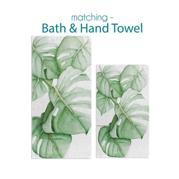 Complete Set: White Towels with Tropical Green Monstera Palm Leaves Design by Ozscape Designs