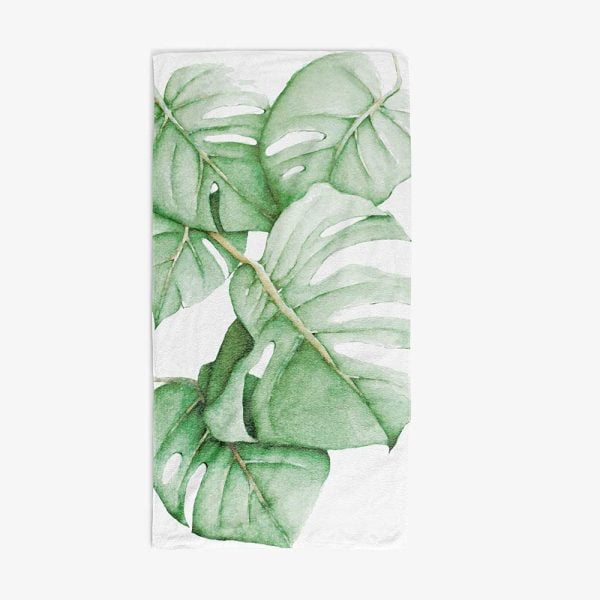 Elegant White Towel with Tropical Green Monstera Palm Leaves Design by Ozscape Designs