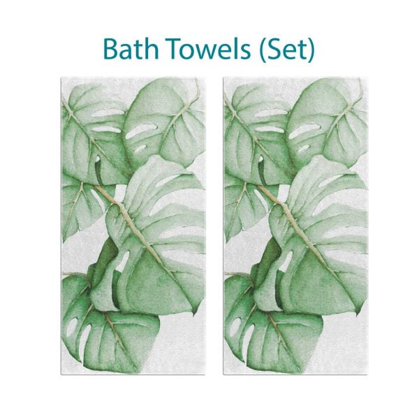 Complete Set: White Towels with Tropical Green Monstera Palm Leaves Design by Ozscape Designs