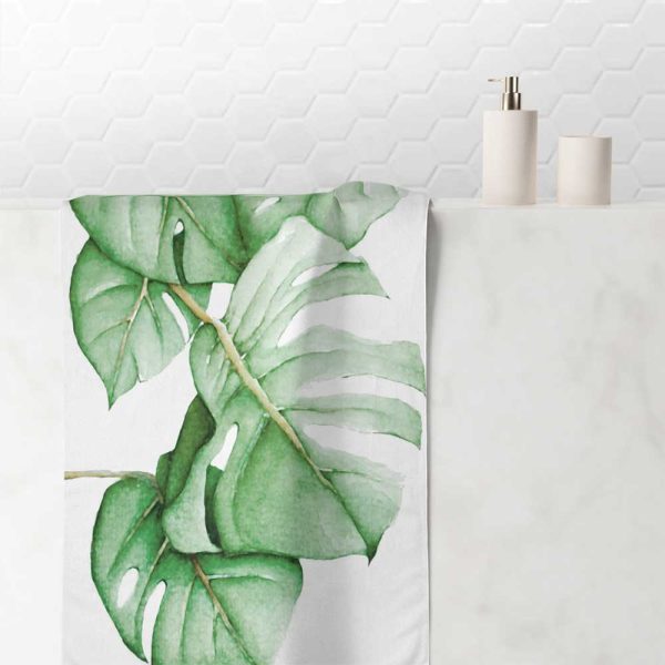 Stylish White Hand Towel with Tropical Green Monstera Palm Leaves Design by Ozscape Designs