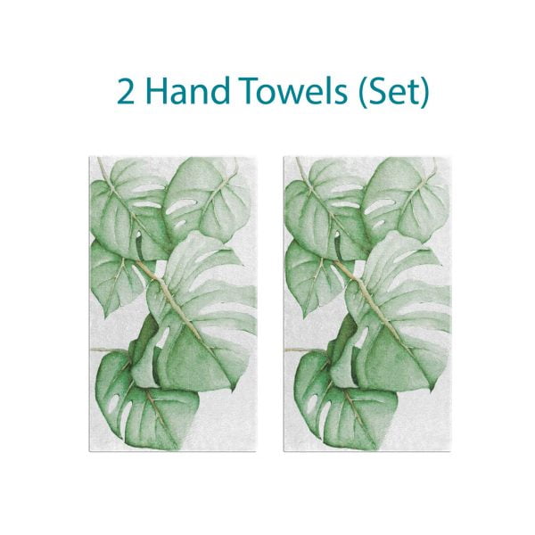 Coordinated Set: White Hand Towels with Tropical Green Monstera Palm Leaves Design by Ozscape Designs