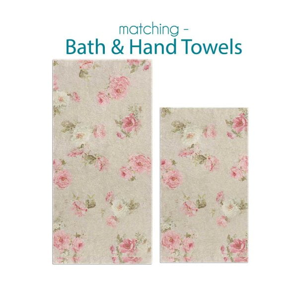Shabby chic farmhouse floral beige bath and hand towel set with pink floral
