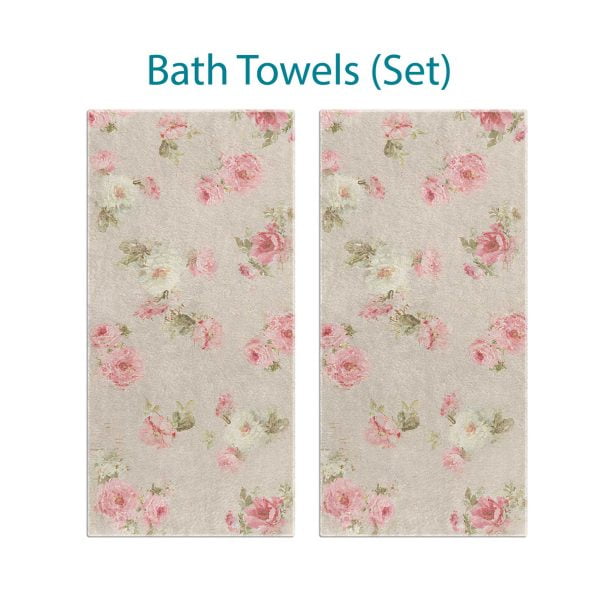 Shabby chic farmhouse floral beige bath towel set with pink floral