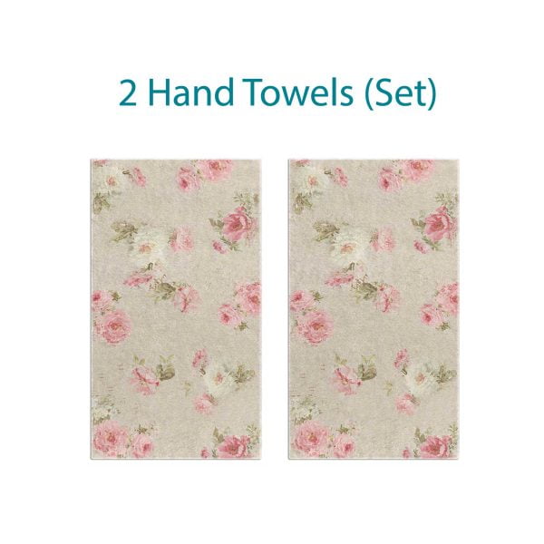 Shabby chic farmhouse floral beige hand towels with pink floral