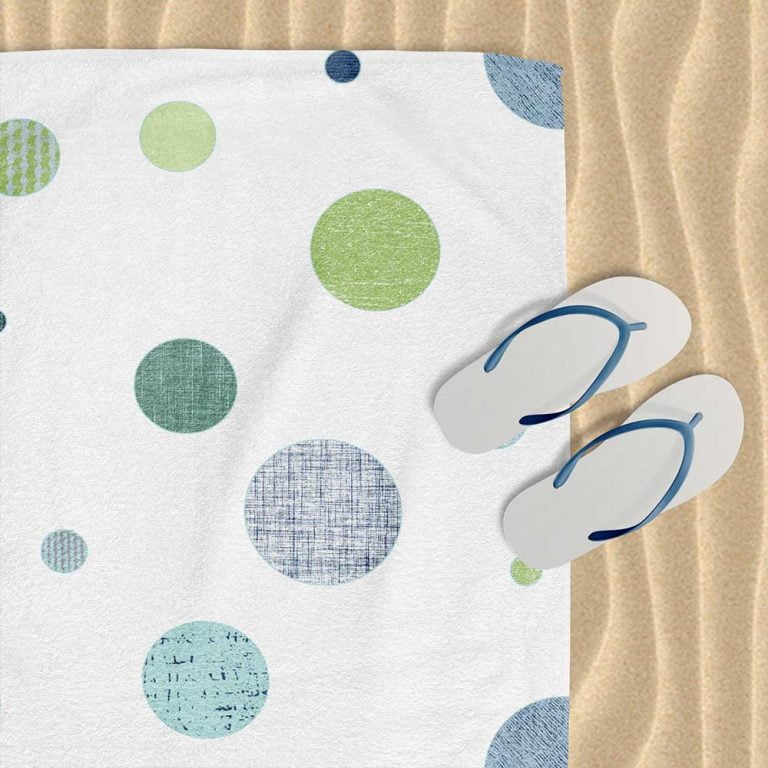 Vibrant White, Navy, Blue, and Green Textured Polka Dot Beach Towel for Kids by Ozscape Designs