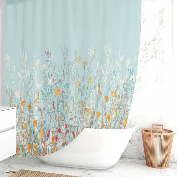 pretty modern farmhouse floral blue fabric shower curtain with washable mold resistant fabric