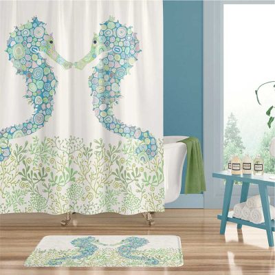 Blue and green seahorse shower curtain for kids bathroom