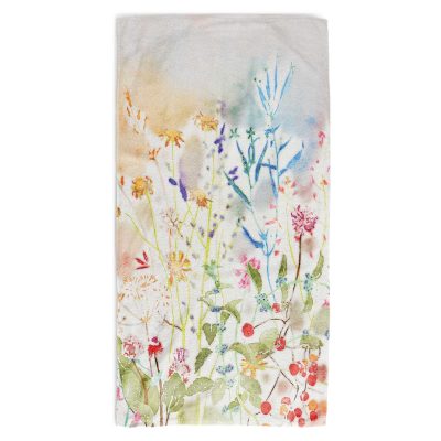 Colorful wildflower floral patterned bath towel with velour front and cotton terry back.