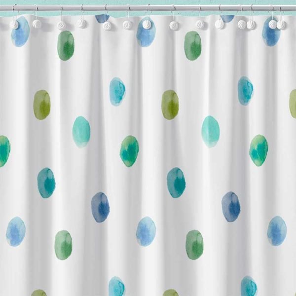Extra Long Waterproof shower curtain with watercolor blue and green polka dots for kids bathroom