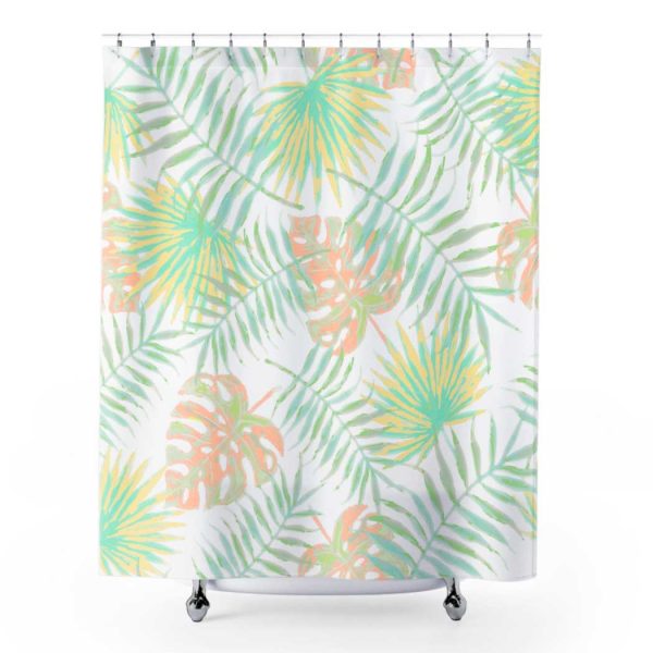 Fabric Beach Shower Curtain In Green and Apricot Peach Palm Leaves Print