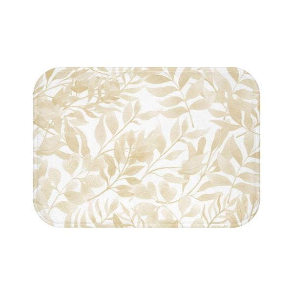 non- slip bath mat with beige and white watercolor leaves print and absorbent surface