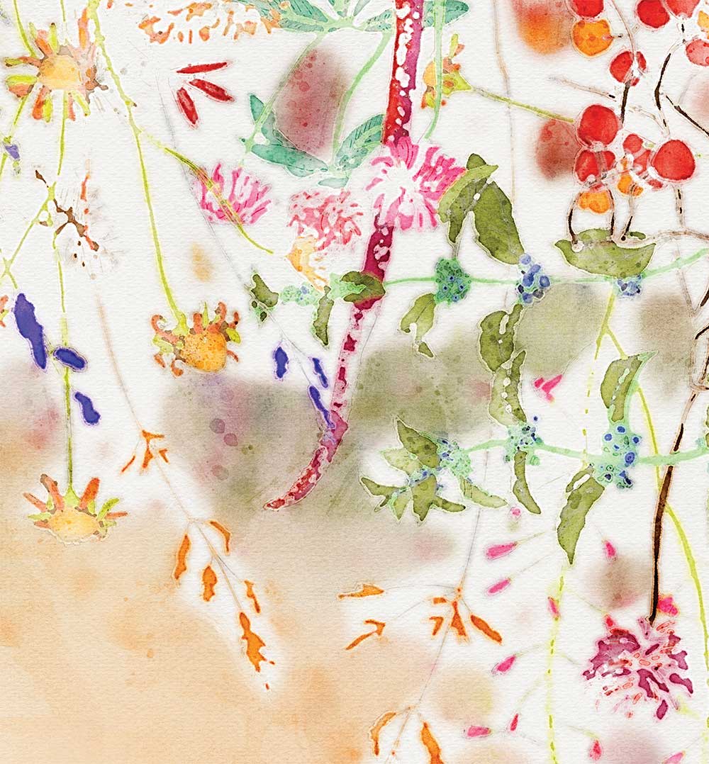 Close-up of delicate watercolor wildflowers on fabric shower curtain.