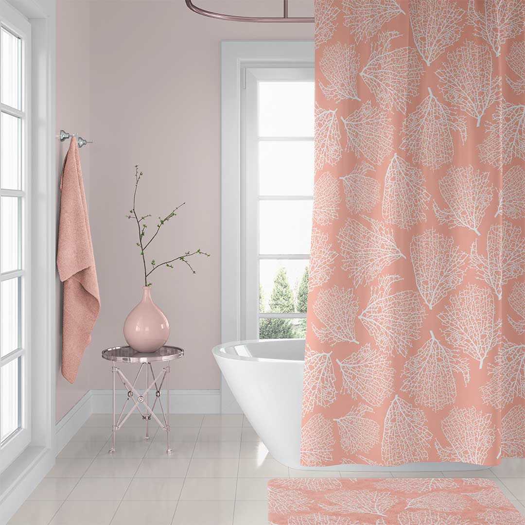 Coastal-beach-coral-pink-fabric-bathroom-shower-curtain