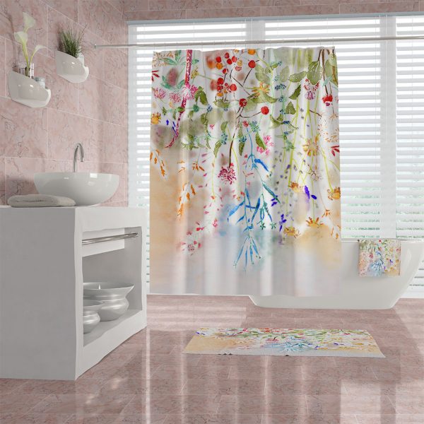 Bathroom setting with watercolor wildflower fabric shower curtain.