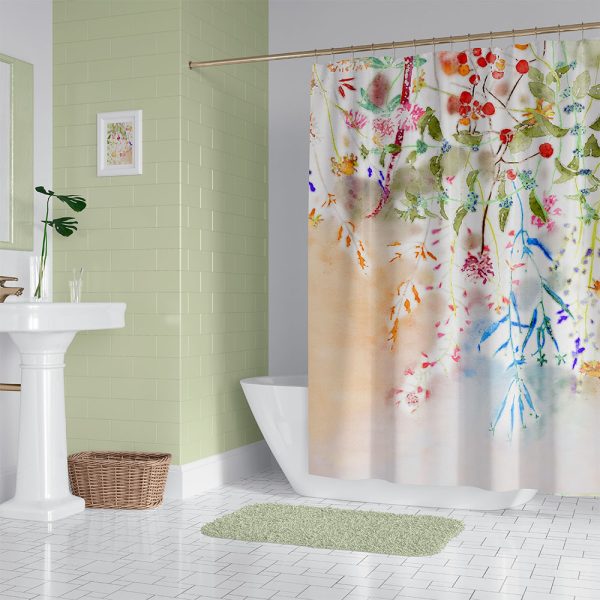 Bathroom setting with watercolor wildflower fabric shower curtain.