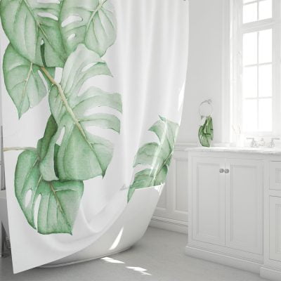 Artist Designed Green Monstera Palm Leaf Shower Curtain For A Tropical Beach Bathroom Vibe - Waterproof Fabric And 12 Hooks Included / Matching Bathroom Set Available