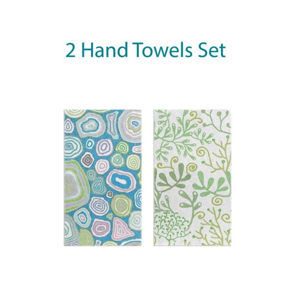 2 Hand Towels Set with blue and green ocean pattern for kids bathroom