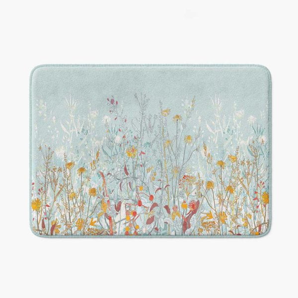 Elegant blue wildflower floral patterned microfiber bath mat with a cottage garden vibe.