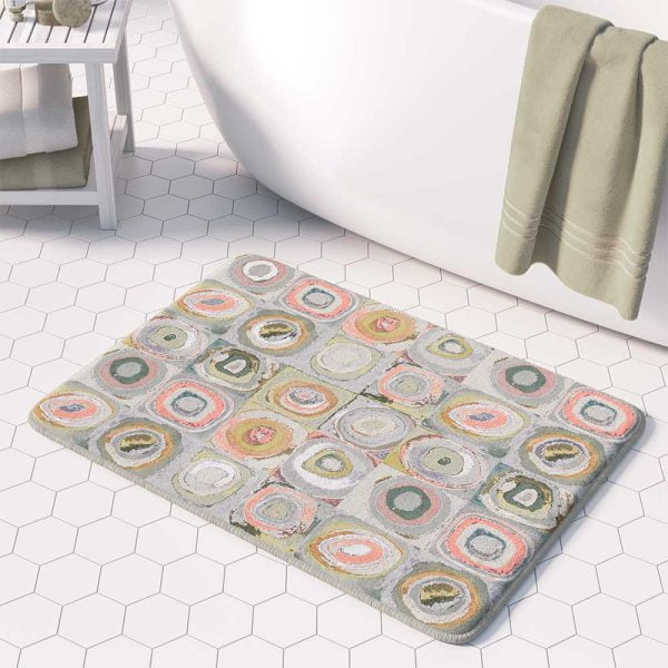 Artist-designed microfiber bath mat featuring Kandinsky geometric abstract pattern